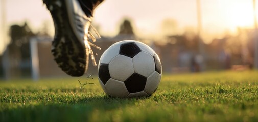 The athlete kicking a soccer ball on a vibrant green field at sunset.