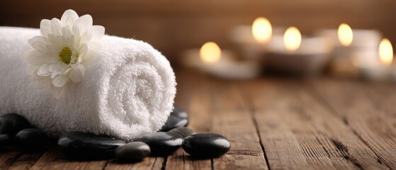 The relaxing towel arrangement with stones and candles in a serene spa setting.
