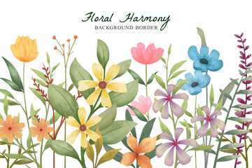 Watercolor floral frame border. Hand painted frame of green leaves, wildflowers, field flowers, isolated on white background. Illustration for design, print, background