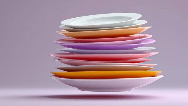 Stacked colorful plates in a dynamic arrangement, showcasing a gradual shift in perspective, highlighting the vibrant hues and smooth textures, creating an engaging visual flow of dishware design