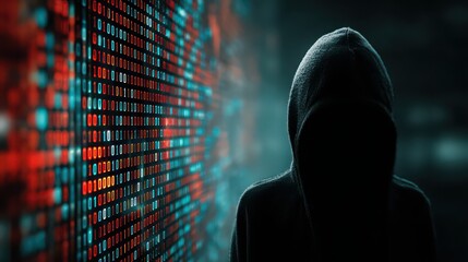 Silhouette of a hacker in a hood standing in front of a digital binary code screen display