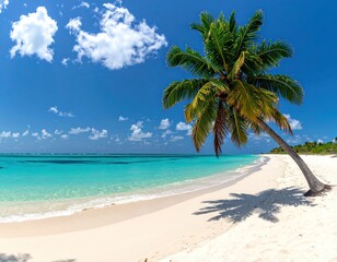 Tropical beach scene A lone palm tree leans over white sand towards clear turquoise water, under a blue sky dotted with fluffy clouds