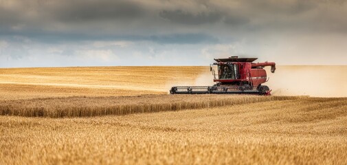 Fototapeta premium The combine harvester working in a golden wheat field under dramatic skies.