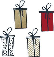 Vector watercolor illustration set of Christmas tree ornaments: gift boxes in textile texture, cozy winter decor