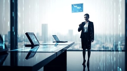 Futuristic businesswoman analyzing stock market data in a high tech office with digital interfaces - Powered by Adobe