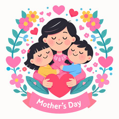 A loving mother embraces her two children, holding a heart, surrounded by floral elements.