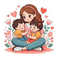 A loving mother embraces her two children surrounded by hearts and flowers, celebrating affection.