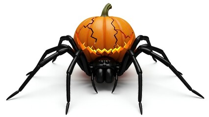 Monstrous giant black spider with a cracked orange pumpkin shell serving as its abdomen, isolated on a clear blank white background for a spooky Halloween concept