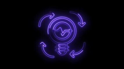Neon lightbulb with heartbeat line and rotating arrows on black background for medical innovation - Powered by Adobe