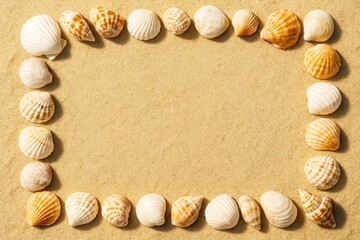 Obraz premium Rectangle frame made of seashells on sand with center copy space, top view beach background for summer design, travel or holiday concept template. Ai generative