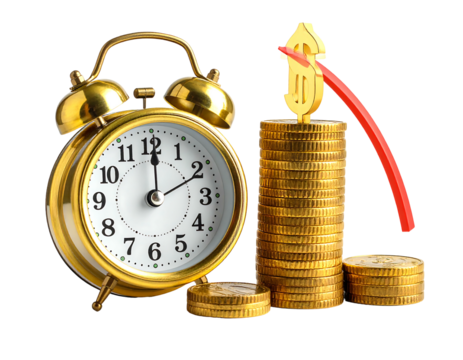 Gold alarm clock beside stacked coins; a red arrow depicting a downward dollar sign trend indicates declining value over time
