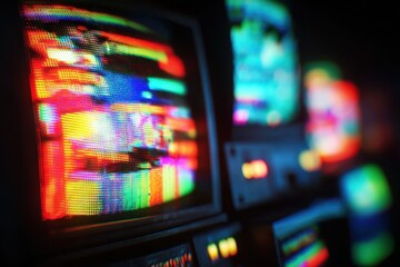 Vintage Television Chaos: A row of retro televisions displays vibrant, glitching static screens, evoking nostalgia.