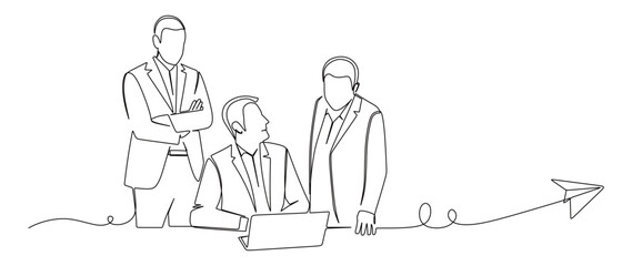 Continuous line art of three men in business suits discussing their work. Vector illustration

