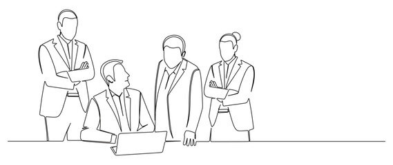 continuous line art of a man in a work suit sitting, and three other people standing and discussing their work. vector illustration