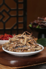Fried Grasshoppers on White Plate - Edible Insects Alternative Protein Farm Fresh Food