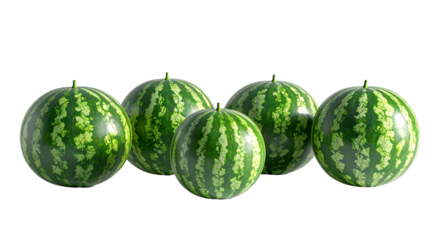 Five small, dark-green watermelons with lighter green stripes, arranged in a slightly staggered row against a black background.  They appear ripe and smooth-skinned