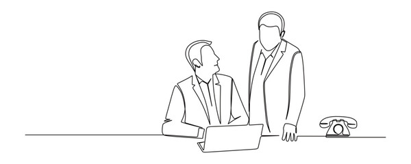 Fototapeta premium Continuous line art of two men in business suits discussing in front of a laptop and a telephone beside it. Vector illustration