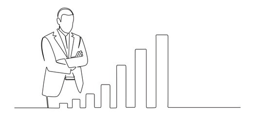 Continuous line art of a man in a business suit looking down at a graph. Vector illustration