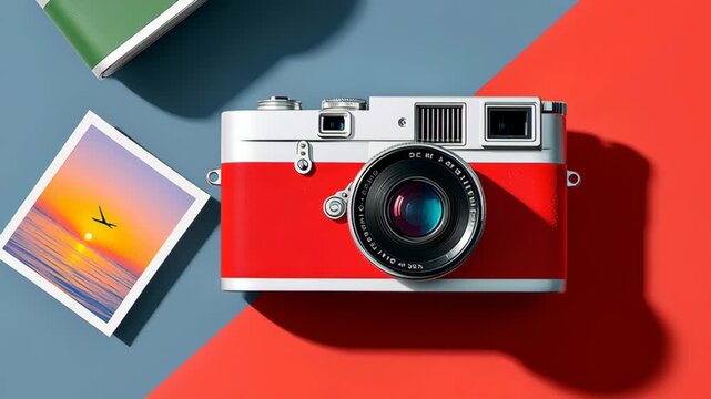 Vibrant red camera positioned on colorful surface, showcasing a picturesque sunset photograph, capturing the essence of photography and creativity in a visually striking composition