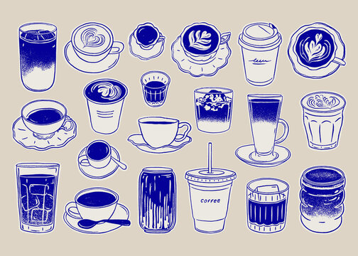 Hand-drawn Coffee Drinks Illustration Set Espresso, Latte, Cappuccino, Iced Coffee, and Takeaway Cups in Vintage Sketch Style.