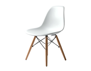 Sleek white plastic seat with four light brown wooden legs in a distinctive crisscross design