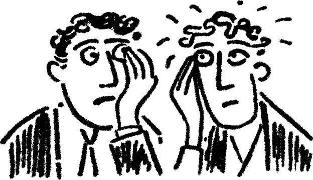 Illustration of two male characters expressing confusion and misunderstanding. Simple black and white vector illustration set.