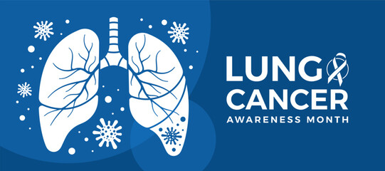 Lung cancer awareness month - Text and White lung cancer sign with cancer cell around on blue background vector design