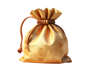 A light-gold, leather-like drawstring bag, full, sits on a dark background.  The bag's texture is subtly highlighted, showing wrinkles and folds, tied securely with a brown cord