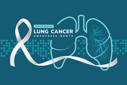 Lung cancer awareness month - Text and white ribbon roll waving cross line lung sign on blue green texture background vector design