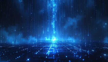 Digital rain cascading on a glowing grid