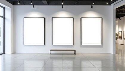 Modern art gallery interior with blank canvases