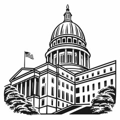 Illustration of a capitol building with a dome, flag, trees, and architectural details in black and white created with generated ai