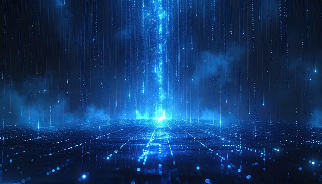 Digital rain cascading on a glowing grid