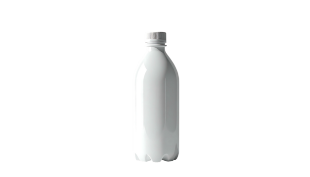 A tall, slender, white plastic bottle with a slightly indented base and a simple cap, set against a black background.  The bottle is smooth, matte, and appears to be empty