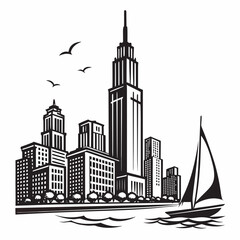 Obraz premium Black and white cityscape illustration with tall buildings, sailboat, and birds in the sky over water created with generated ai