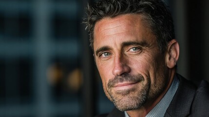 Fototapeta premium A mature man in professional attire looks directly at the camera with a calm and confident expression,