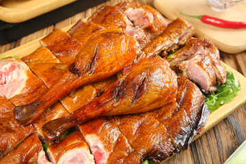 Sliced Marinated Chinese Goose Meat Traditional Preserved Poultry Dish on Wooden Cutting Board