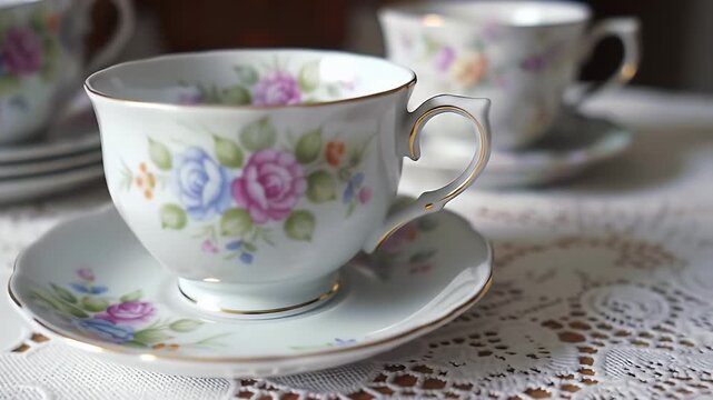 Floral Teacups on Lace Doily