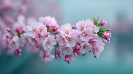 Obraz premium Blooming Cherry Blossom Branch With Pink Flowers and Dew Drops in Soft Light Against a Turquoise Background for Springtime Beauty