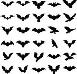 Naklejka premium Vector art of collection of bat and crow silhouettes, featuring various flying positions and wing shapes for halloween designs and spooky themes