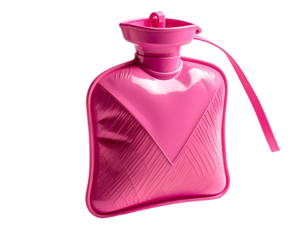 Shiny pink hot water bottle with a textured surface, a flip-top lid, and a carrying strap