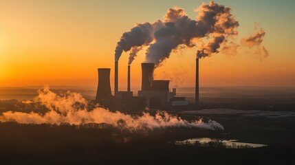 Aerial view of a coal power plant emitting smoke into the atmosphere during a vibrant sunset, pollution concept