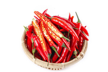 Fresh Red Chaotian Peppers from Sichuan China in Wicker Basket on White Background