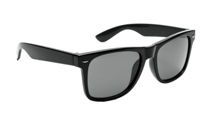 Classic black square sunglasses with thick frames and dark gray lenses, shown at a three-quarter angle against a black background