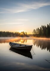Serene Sunrise Lakeside Boat.