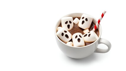 Creepy Marshmallow Ghosts Floating in Hot Cocoa on White Background
