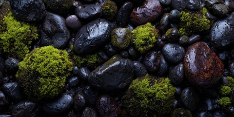 Rain-Kissed Stones and Emerald Moss: A captivating display of nature's artistry, featuring dark, wet stones adorned with vibrant patches of emerald moss.