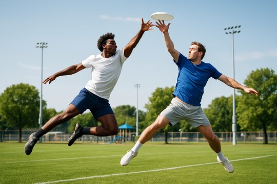 Two athletic men jumping mid-air while playing ultimate frisbee on a sunny day in a green park field with trees in the background. Ai generative
