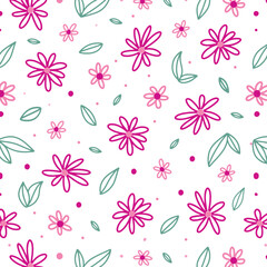 Seamless pattern with doodle hand drawn daisy flower on white background vector illustration.