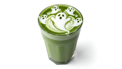 A ghastly green matcha latte featuring five spooky ghost figures in foam art, a creepy Halloween beverage isolated on a clean white background
